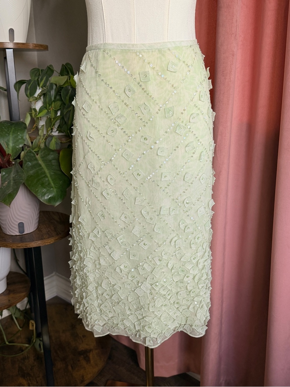 Y2K Embellished Sequin 100% Silk Light Green Midi Skirt